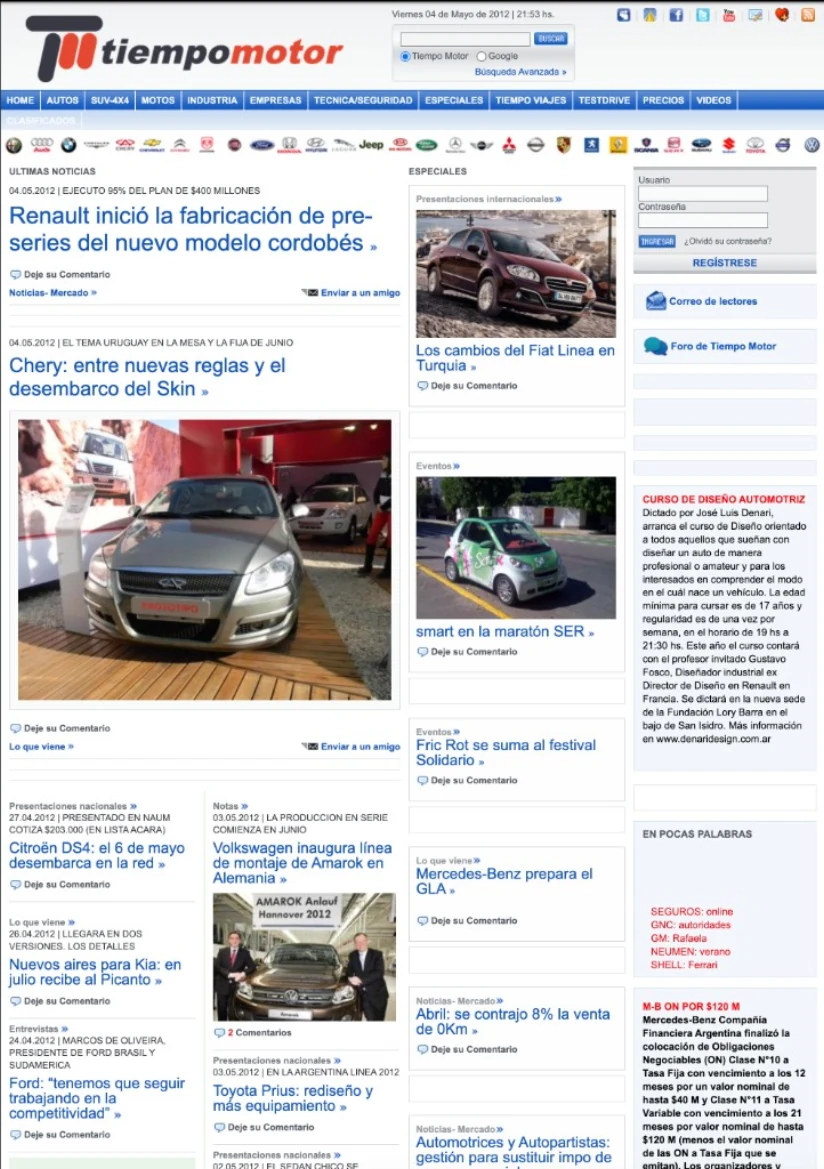 Legacy Tiempo Motor homepage — chronological blog layout, dense navigation, and limited visual hierarchy
