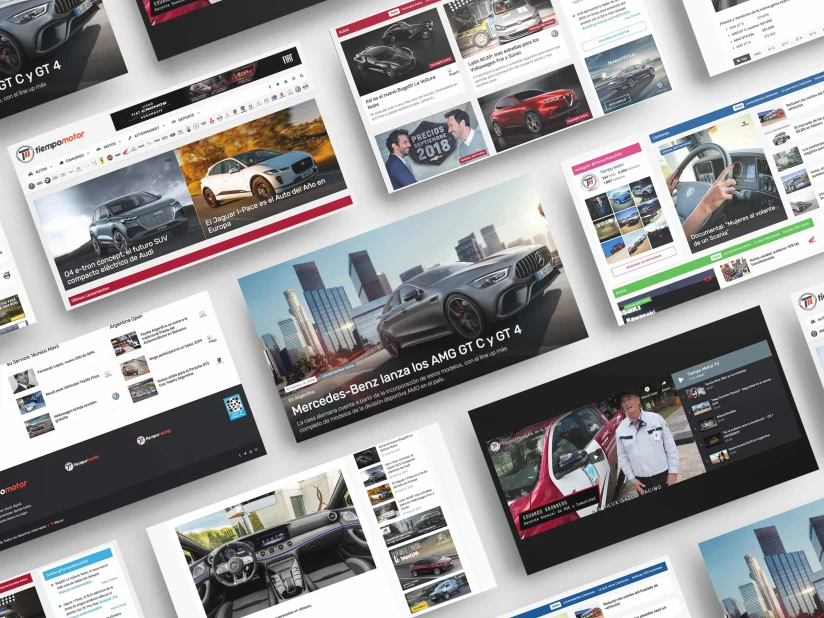 Collage of Tiempo Motor homepage, article, multimedia, and social modules
