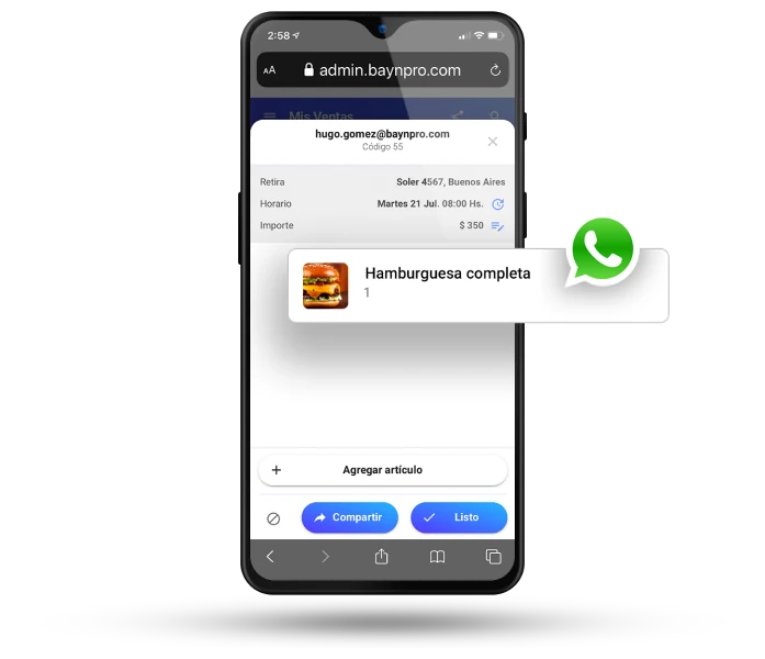 Bayn admin — detalle de pedido y WhatsApp
