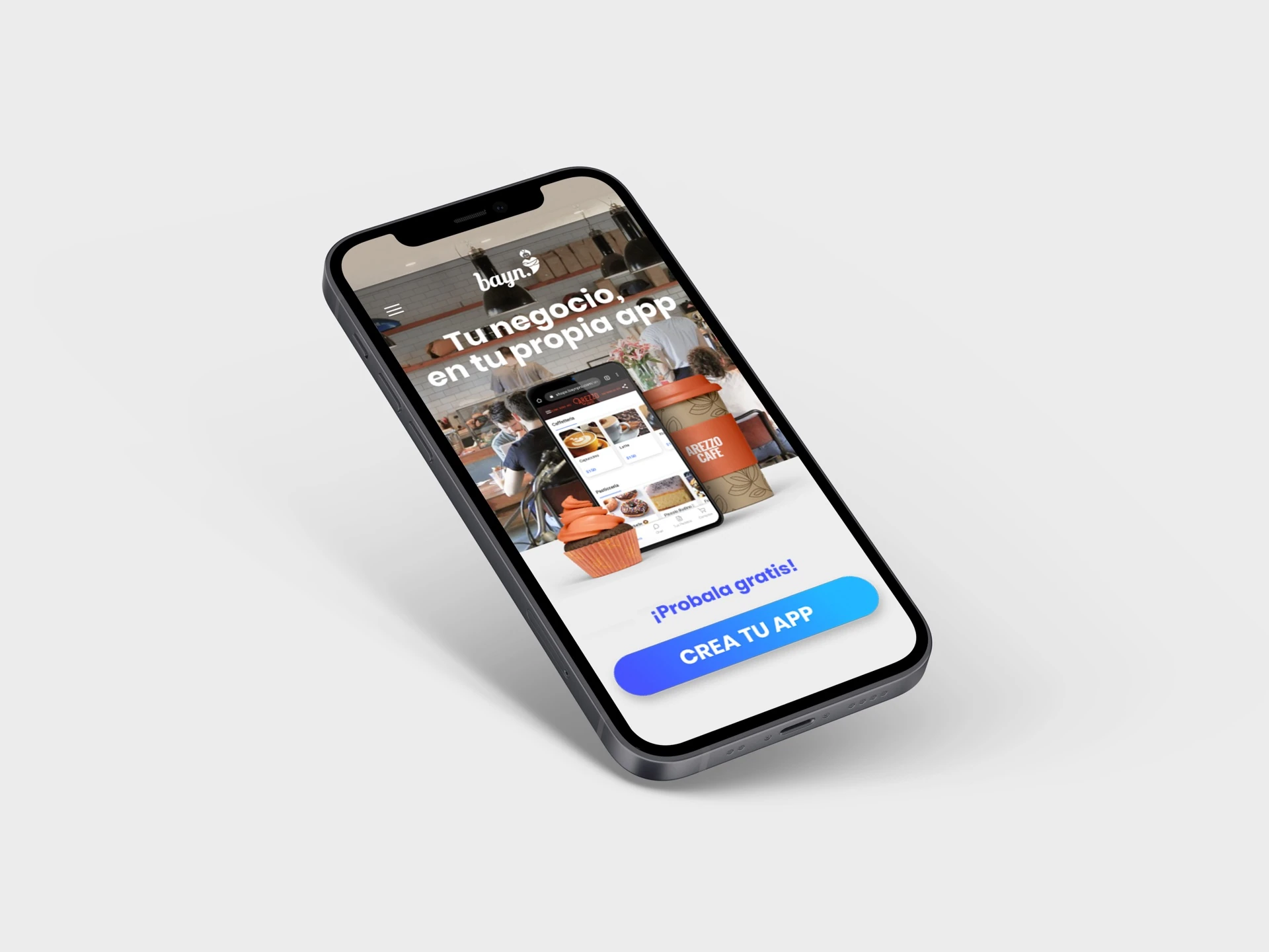 Bayn — Tu negocio en tu propia app, smartphone mockup with Arezzo Cafe branding