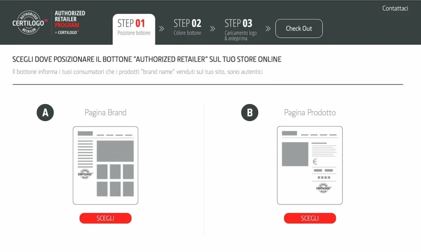 Certilogo wireframe step 1 — choose Authorized Retailer button placement on brand or product page