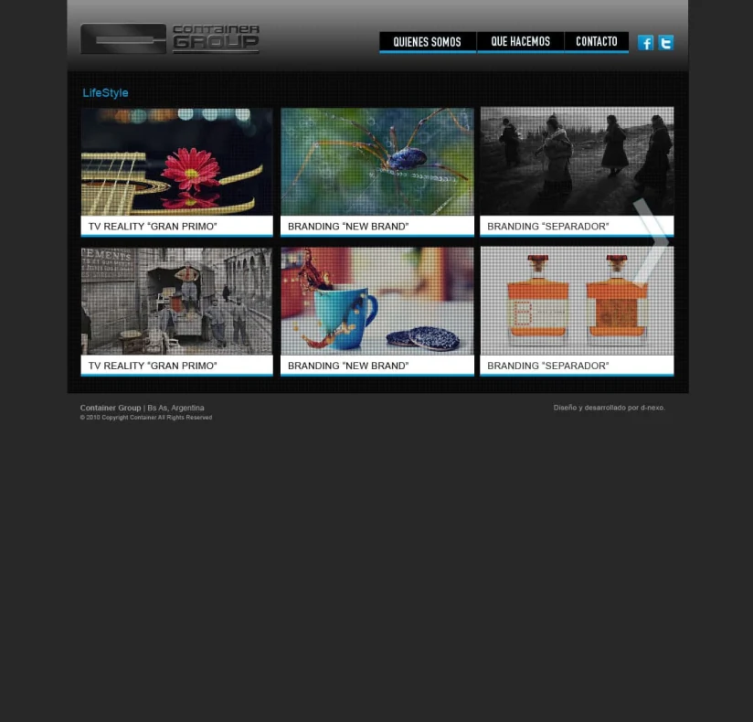 Container Group Lifestyle portfolio — six-project video grid with carousel navigation