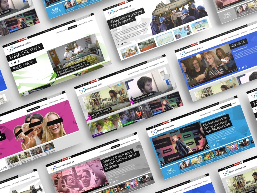 Collage of Desarrollo Social TV homepage, series, and campaign video layouts