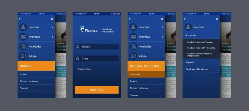 Ficohsa app navigation — side menu, login, account menu, and product sub-menu
