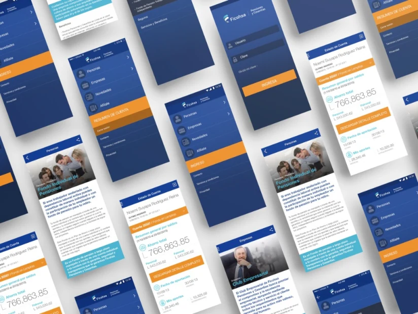 Collage of Ficohsa Pensiones y Cesantías app screens — login, menus, account summary, and product pages