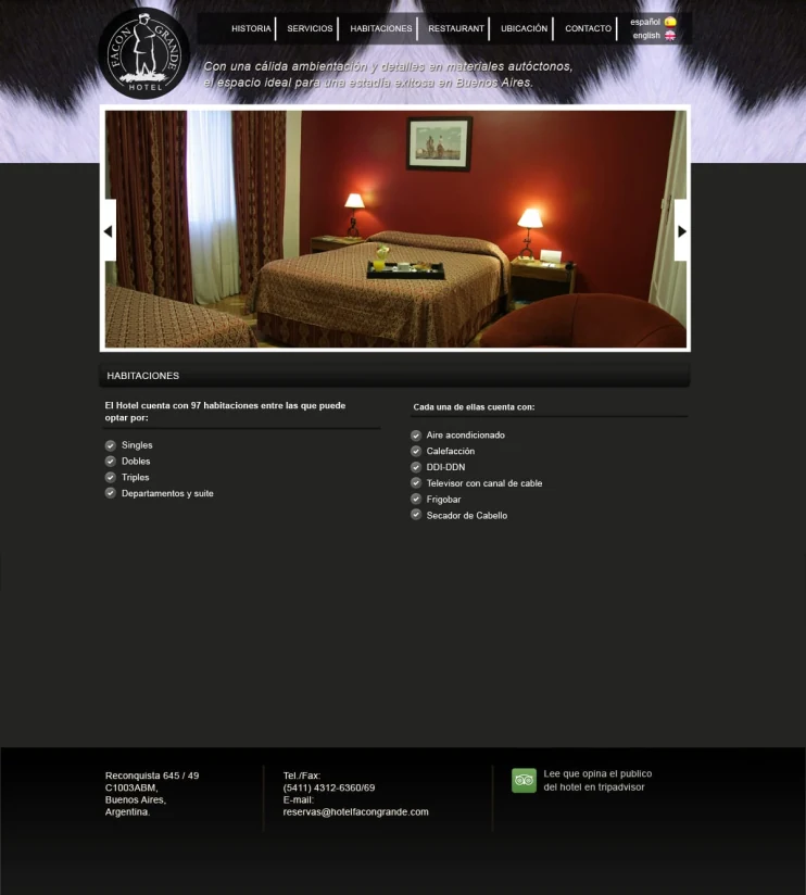 Hotel Facón Grande Habitaciones — room carousel and singles, doubles, triples, suites list