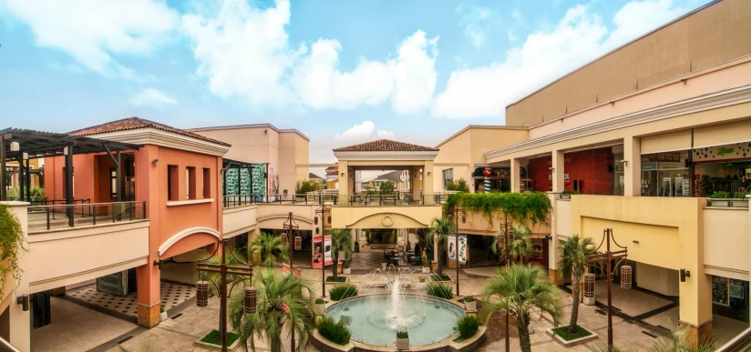 Palmas del Pilar Shopping — open-air mall architecture with palm trees and terraces