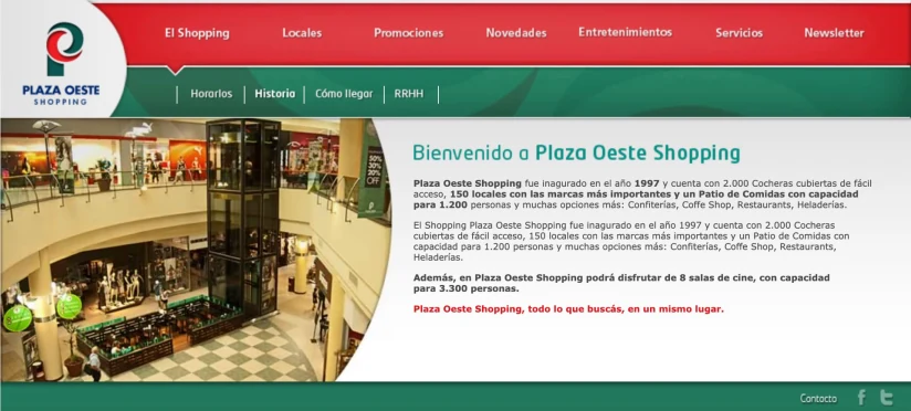 Plaza Oeste Shopping homepage — promotional grid with stores, events, and cinema