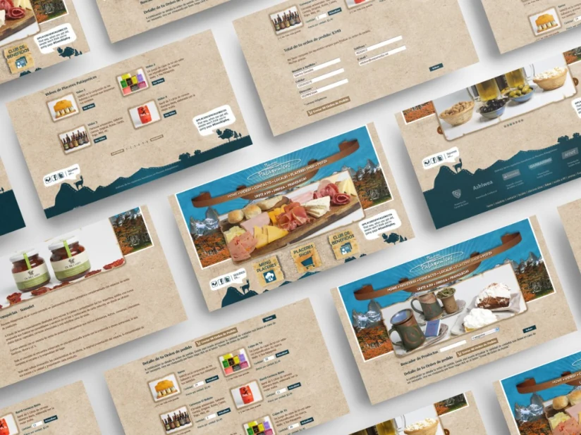 Collage of Placeres Patagónicos homepage, shop, videos, and checkout screens