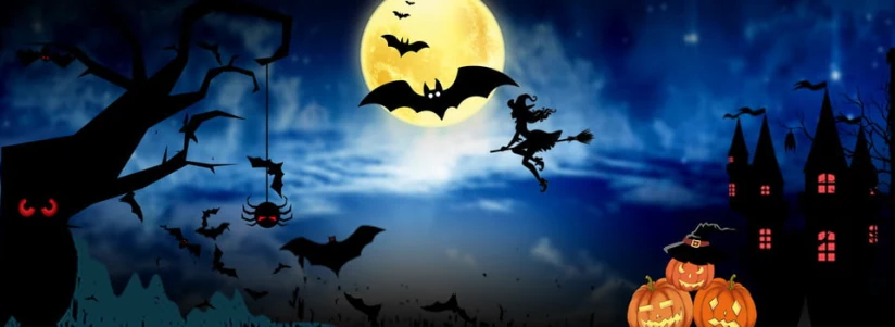 Halloween portal banner — witch, full moon, haunted castle, and jack-o-lanterns