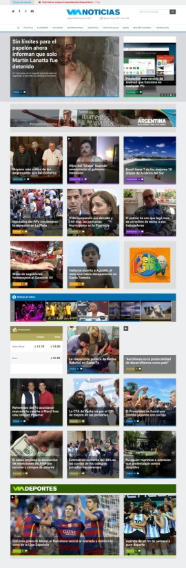 Vía Noticias homepage with featured slider, category navigation, news grid, and Vía Deportes section
